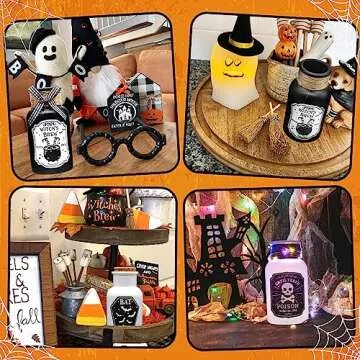 Ainswei Halloween Decorations Indoor, 4 Potion Bottle with Cork, 12PCS Label Halloween Stickers, Black and White Apothecary Glass Bottles, For Tiered Tray Table Home Room Halloween Decor