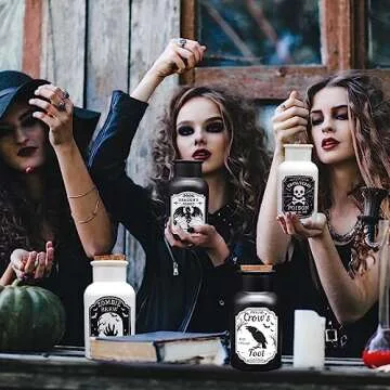 Ainswei Halloween Decorations Indoor, 4 Potion Bottle with Cork, 12PCS Label Halloween Stickers, Black and White Apothecary Glass Bottles, For Tiered Tray Table Home Room Halloween Decor
