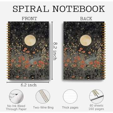 Guymn Vintage Witch Notebook Journal - Moon Notebook Journal 5.5×8.3, Floral Witch Gifts, Gothic Spiral Journal Notebook, 164 Pages, Spiral Witch Journal, Journals for Writing with Sun's and Moons