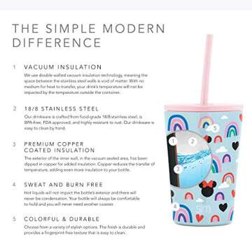Simple Modern Disney Minnie Mouse Toddler Cup with Lid and Straw | Reusable Insulated Stainless Steel Kids Tumbler | Classic Collection | 12oz, Minnie Mouse Rainbows