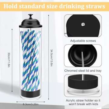 Mevtok 13.5 inch Straw Holder for Standard& Long Bended Size Drinking Straws, Acrylic Plastic Straw Dispenser for Counter with Lid Black(Straws Not Include)