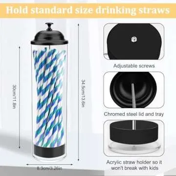 Mevtok 13.5 inch Straw Holder for Standard& Long Bended Size Drinking Straws, Acrylic Plastic Straw Dispenser for Counter with Lid Black(Straws Not Include)