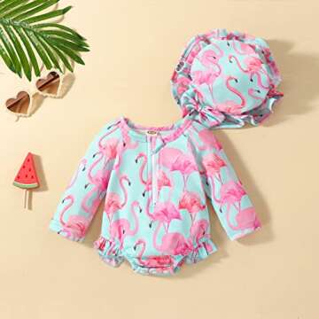 Aimaopao Toddler Baby Girls Swimsuit Long Sleeve Zipper Bathing Suit One Piece Swimwear with Hat for...