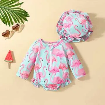 Aimaopao Toddler Baby Girls Swimsuit Long Sleeve Zipper Bathing Suit One Piece Swimwear with Hat for...