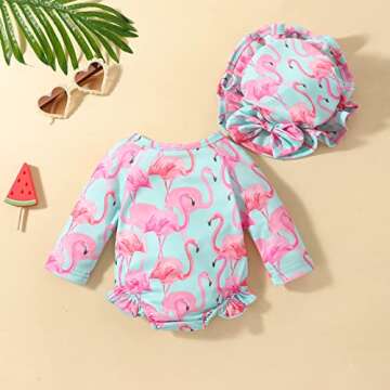 Aimaopao Toddler Baby Girls Swimsuit Long Sleeve Zipper Bathing Suit One Piece Swimwear with Hat for Beach Wear (Flamingo Pink, 12-18 Months)
