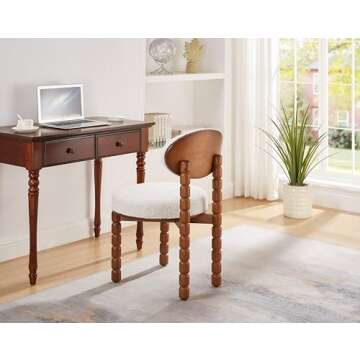 Spindle Dining Chairs Set of 2, Spool Armless Dining Room Chairs, Mid Century Vintage Upholstered Dining Chairs, Antique Curved Backrest Boucle Chairs for Kitchen Living Room Home Office(Cherry White)