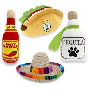 Festive Baja Ponchos 4 Pack Dog Chew Toys - Sombrero, Taco, Tequila, Hot Sauce