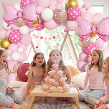 Amandir 124Pcs Pink Gold Balloon Garland Kit, Cartoon Mouse Birthday Decorations Happy Birthday Banner Cake Topper Headband Bow Foil Balloon for Girls Birthday Baby Shower Party Supplies