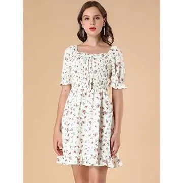 Allegra K Women's Puff Sleeve Square Neck Ruffled Hem Floral Smocked Dress - Perfectly Modest and Tr...