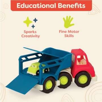 B. Toys – Car Carrier Truck – Toy Car Carrier – 2 Mini Cars – Toy Trucks for Toddlers, Kids – 12 Months + – Happy Cruisers - Car Carrier