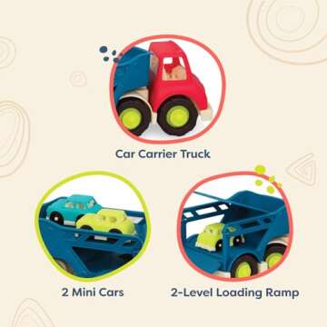 B. Toys – Car Carrier Truck – Toy Car Carrier – 2 Mini Cars – Toy Trucks for Toddlers, Kids – 12 Months + – Happy Cruisers - Car Carrier
