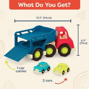 B. Toys – Car Carrier Truck – Toy Car Carrier – 2 Mini Cars – Toy Trucks for Toddlers, Kids – 12 Months + – Happy Cruisers - Car Carrier