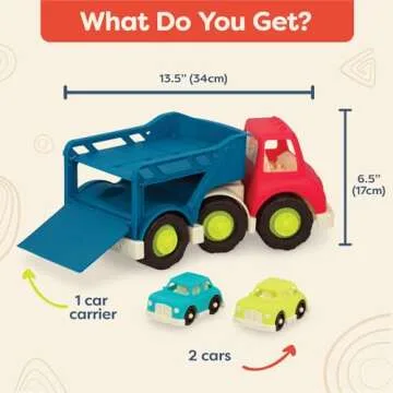 B. Toys – Car Carrier Truck – Toy Car Carrier – 2 Mini Cars – Toy Trucks for Toddlers, Kids – 12 Months + – Happy Cruisers - Car Carrier