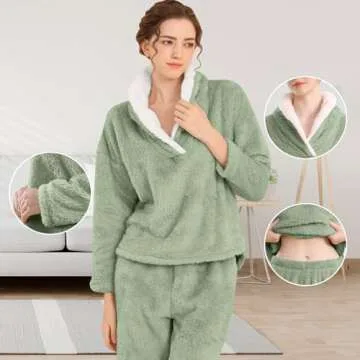 BOSECETA Fluffy Pajamas Set for Women Soft Comfy Fleece Pjs Pullover Pants Loose Plush Sleepwear Fuzzy Loungewear for Winter (Large, Green)