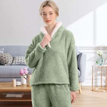 BOSECETA Fluffy Pajamas Set for Women Soft Comfy Fleece Pjs Pullover Pants Loose Plush Sleepwear Fuzzy Loungewear for Winter (Large, Green)