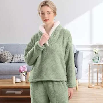 BOSECETA Fluffy Pajamas Set for Women Soft Comfy Fleece Pjs Pullover Pants Loose Plush Sleepwear Fuzzy Loungewear for Winter (Large, Green)