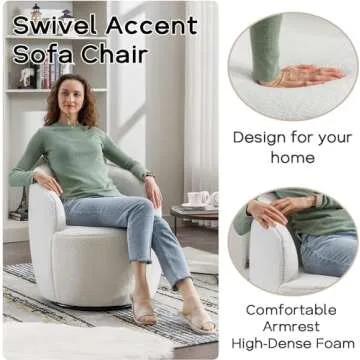 FOXHUNTER Swivel Barrel Chair, 360° Small Single Sofa Armchair Comfy Round Sofa Chair, Boucle Chairs Padded Armchair, Modern Round Accent Arm Chairs for Living Room Bedroom, Teddy Ivory