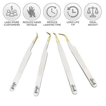 SIVOTE Fiber Tip Lash Tweezers for Eyelash Extensions with Diamond Grip, White, Set of 4 - Precise T...