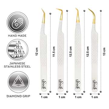 SIVOTE Fiber Tip Lash Tweezers for Eyelash Extensions with Diamond Grip, White, Set of 4 - Precise Tips Japanese Steel for Classic, Volume & Mega Volume Lashes, Anti-Rust - Ideal for Lash Artists
