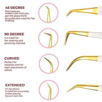 SIVOTE Fiber Tip Lash Tweezers for Eyelash Extensions with Diamond Grip, White, Set of 4 - Precise Tips Japanese Steel for Classic, Volume & Mega Volume Lashes, Anti-Rust - Ideal for Lash Artists