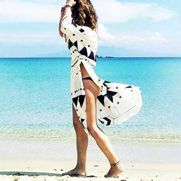 Women Swimsuit Cover Up Long Cardigan Beach Wear Sexy Loose Swimwear Bikini Floral Maxi Beach Dress (Black/White)