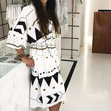 Women Swimsuit Cover Up Long Cardigan Beach Wear Sexy Loose Swimwear Bikini Floral Maxi Beach Dress (Black/White)