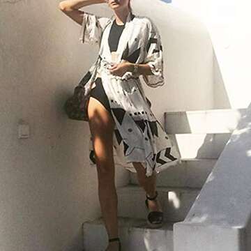 Women Swimsuit Cover Up Long Cardigan Beach Wear Sexy Loose Swimwear Bikini Floral Maxi Beach Dress (Black/White)