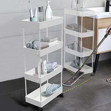 Aojia 4 Tier Slim Storage Cart, Bathroom Storage Cart Organizer Bathroom Cart with Wheels for Bathroom, Bedroom, Kitchen Laundry Narrow Places