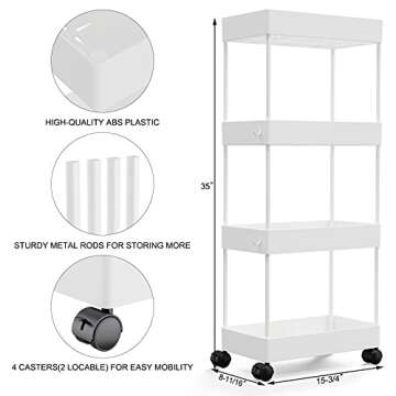 Aojia 4 Tier Slim Storage Cart, Bathroom Storage Cart Organizer Bathroom Cart with Wheels for Bathroom, Bedroom, Kitchen Laundry Narrow Places