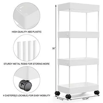 Aojia 4 Tier Slim Storage Cart, Bathroom Storage Cart Organizer Bathroom Cart with Wheels for Bathroom, Bedroom, Kitchen Laundry Narrow Places
