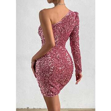 Feditch Women's Sequin One Shoulder Ruched Long Sleeve Wrap Bodycon Mini Cocktail Dress