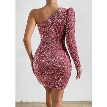 Feditch Women's Sequin One Shoulder Ruched Long Sleeve Wrap Bodycon Mini Cocktail Dress
