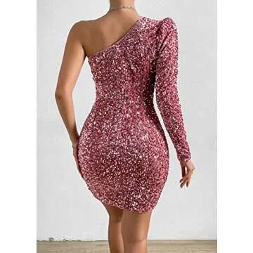 Feditch Women's Sequin One Shoulder Ruched Long Sleeve Wrap Bodycon Mini Cocktail Dress