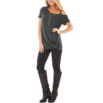 TEMOFON Women Cold Shoulder Tops: Summer Short Sleeve Shirts Casual Twist Knot Blouse T-Shirt Dark Grey M