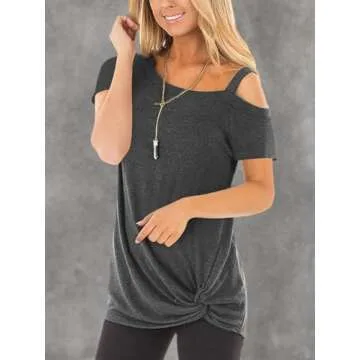 TEMOFON Women Cold Shoulder Tops: Summer Short Sleeve Shirts Casual Twist Knot Blouse T-Shirt Dark Grey M