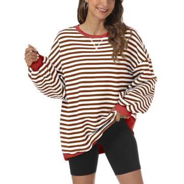 Kissfix Women's Striped Oversized Sweatshirt Long Sleeve Shirts for Women Crewneck Hoodies Casual Pu...