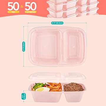 50 Pack Pink Meal Prep Containers 2 Compartments for On-the-Go