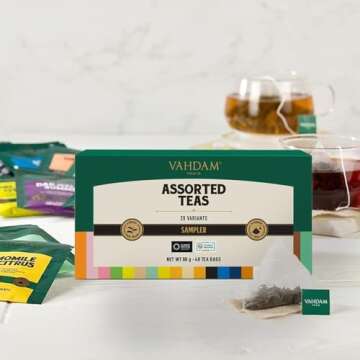 VAHDAM, Assorted Tea Sampler (20 Delicious Variety, 40 Individually Wrapped Pyramid Tea Bags) Long Leaf Premium Teas I Tea Gift Set I Valentines Day Tea Gift Ideas for Tea Lovers