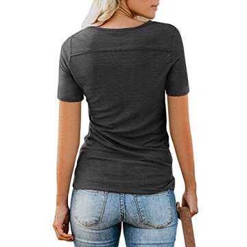 JOYCHEER Womens Short Sleeve T Shirts Henley V Neck Button up Casual Basic Tee Dark Grey