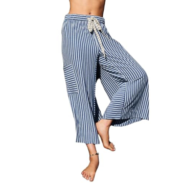 MISSACTIVER Women’s Striped Pants Y2K Casual High Waist Drawstring Wide Leg Palazzo Pants Capri Pa...