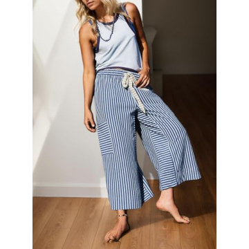 MISSACTIVER Women’s Striped Pants Y2K Casual High Waist Drawstring Wide Leg Palazzo Pants Capri Pants with Pockets Blue
