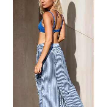 MISSACTIVER Women’s Striped Pants Y2K Casual High Waist Drawstring Wide Leg Palazzo Pants Capri Pants with Pockets Blue