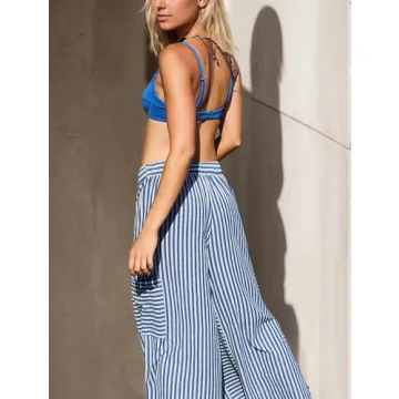 MISSACTIVER Women’s Striped Pants Y2K Casual High Waist Drawstring Wide Leg Palazzo Pants Capri Pants with Pockets Blue