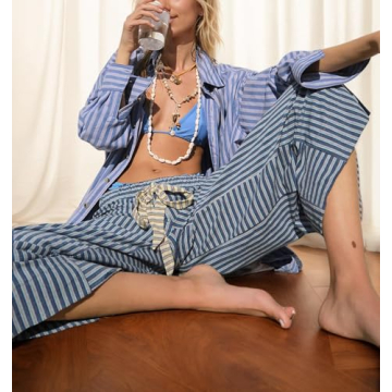 MISSACTIVER Women’s Striped Pants Y2K Casual High Waist Drawstring Wide Leg Palazzo Pants Capri Pants with Pockets Blue