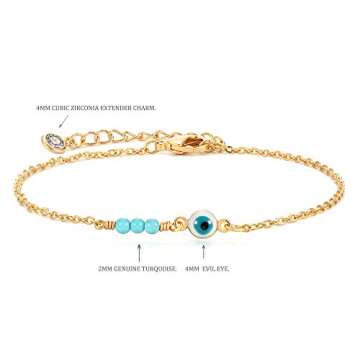 MEVECCO Bracelet for Women Gold Evil Eye Ball Turquoise Trio Bead Wire Wrapped 14K Gold Plated Dainty Chain Handmade Simple Protection Jewelry