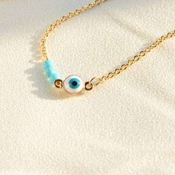 MEVECCO Bracelet for Women Gold Evil Eye Ball Turquoise Trio Bead Wire Wrapped 14K Gold Plated Dainty Chain Handmade Simple Protection Jewelry