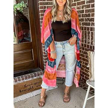 Women's Long Cotton Rainbow Striped Kimono Cardigan Dusters Summer Beach Cover Ups Boho Resort Wear Wraps Shawls XL