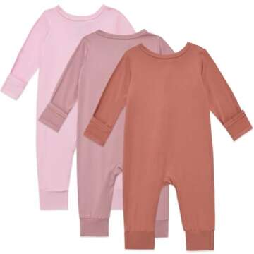 Aablexema Baby Footless Pajamas Bamboo Rayon 3pcs Unisex Infant Zipper Romper with Mitten Cuffs(Brick Red&Pink&Pinkpurple,3-6m)