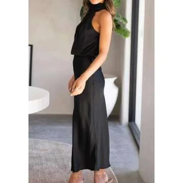 BZSFW Women's 2024 Summer Satin Dress Elegant Sleeveless Mock Neck Cocktail Party Maxi Dresses (Black, Medium)
