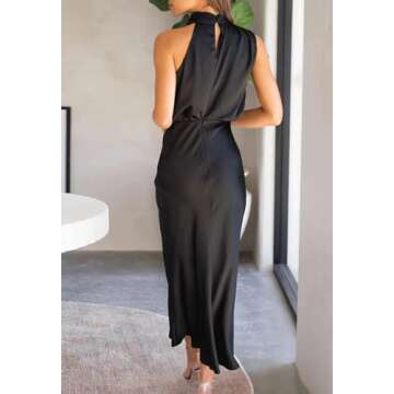 BZSFW Women's 2024 Summer Satin Dress Elegant Sleeveless Mock Neck Cocktail Party Maxi Dresses (Black, Medium)